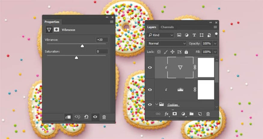 Thêm layer điều chỉnh Vibrance và lại cắt nó vào nhóm Cookies sau đó thay đổi giá trị Vibrance thành 20. 